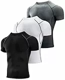 Niksa 3 Stück Kompressionsshirt Herren,Laufshirt Herren Kurzarm mit Unterarm Mesh kurzärmliges Funktionsshirt Atmungsaktiv Sportshirt Männer für Running Workout Fitness, Schwarz, Weiß, Grau, M