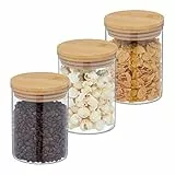 Relaxdays Vorratsgläser mit Bambusdeckel, 3er Set, runde Vorratsdosen aus Glas, 650 ml, luftdicht, transparent/natur, 13 x 10 cm