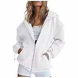 Sweatjacke Damen mit Kapuze Zipper Hoodie Oversize Pullover Y2K Sweatshirt College Sport Jacke Trainingsjacke Lang Kapuzenpullover für Damen Weiß L