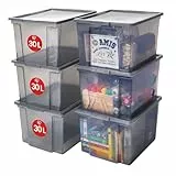 Iris Ohyama Vielseitige Aufbewahrungsbox mit Deckel, Stapelboxen, 30L, 6er-Set, Grau, Stapelbar, Plastik, Für Schrank, Regale, Organisation, Kleidung, Bettlaken, Plastikbox mit Deckel, USB-M