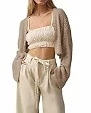 Cicy Bell Damen Open Front Strickjacke Boho Langarm Cropped Cardigan Leicht Sommer Sweaters Khaki M
