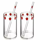 CALLARON 2Er-Set Erdbeere Glas - Trinkbecher mit Strohhalm, 300 ML Transparente Trinkgläser, Süßer Iced Coffee Glas Glasbecher für Saft, Cocktails, Milchkaffee, Wasser, Milch, Kaffee
