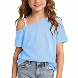 XINYUNZU T-Shirt Mädchen Sommer Asymmetrisches Tshirt Tee Shirt Schulterfrei One-Shouldertop Girls Casual Oberteil Kurzarm Einfarbig Mode T-Shirts für Kinder Hellblau 11 Jahre