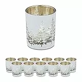 Relaxdays Teelichthalter im 12er Set, mit Tannenbaum-Motiv, HxD: 8,5 x 7 cm, Weihnachts-Windlicht aus Glas, weiß-gold