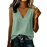 UHouse Damen Top Sommer Blusetop Baumwolle Leinen Bluse V Ausschnitt Trägershirt Musselin Sommertop Leicht Und Luftig Damentop Ärmellose Strandbluse Frauen Achselshirt Strand Trägertop Grün XL