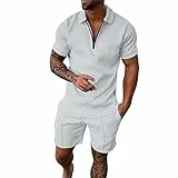 DUHGBNE T Cut Herren Hemd und Shorts Set Outfits Lässiger Kurzarmanzug für Herren 2-teiliges Shorts Trainingsanzug-Set Bestickte (White, XXL)