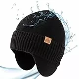 TOP-EX XL/XXL Merinowolle Beanie Herren Damen mit Ohrenklappen wasserdichte Warme Wintermütze Strickmuetze mit Fleecefutter Outdoor Ski Mütze 95562_Schwarz L/XL