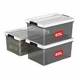 Cetomo 65L*3 Aufbewahrungsboxen, Aufbewahrungsbox mit Deckel, Organizer-Behälter mit Clips, Stapelbar, Ineinander Nestbar, für Zuhause und Büro, Kunststoff, Transparent schwarz, 65L-3er Pack