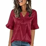 ANCAPELION Blusen für Damen Casual T-Shirt Kurzarm Sommer Tops V-Ausschnitt Basic Tunika Ausgestelltes Top mit Rüschenärmeln Burgunderrot S