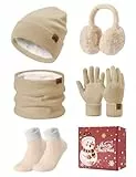Niwicee Mütze Schal Handschuhe Damen Winter Set Fleece Gefütterte Wärmer Loop Schlauchschal Touchscreen Handschuhe Beanie Strickmütze Dicke Socken Plüsch Ohrenschützer Kombi Set 5 Stücke (Khaki)