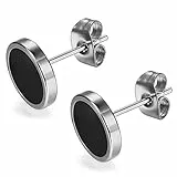 Flongo Ohrstecker Knopf, 10mm Edelstahl Ohrstecker Rund Gestüt Stecker Ohrringe Ohrhänger Fake Tunnel Fake Plug Illusion Fakeplugs Schwarz Silber Elegant Herren, Damen Ohrschmuck