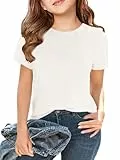 Haloumoning T-Shirt Mädchen Sommer Kurzarm Tops Kinder Tshirts Einfarbige Casual Sport Rundhalsausschnitt Tees Oberteile Weiß 140