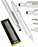 Online Männer Geschenk Stift 6-in-1 Silber I Multitool Stift mit verschiedenen Funktionen I Multifunktions-Kugelschreiber und Werkzeug I Geschenk für Vatertag, Hausbau, Handwerker, Papa