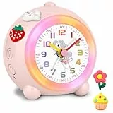 SOCICO Analoger Kinder Wecker Mädchen, Einhorn Design, Lautlos, Ohne Ticken Niedlicher Pfirsich Wecker Analog, mit Buntem Licht, Einstellbare Lautstärke (Blassrosa)