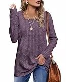 WIHOLL Pullover Damen Tshirt Quadratischer Ausschnitt Langarmshirt Locker Elegant Pulli Strickpullover Violett M