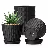 WSMKSZ 15 cm Blumentopf, 5er Set Dick Kunststoff Pflanztöpfe mit Untersetzer & Abflusslöchern, 3D-Wellentextur Übertopf für Einblatt, Efeutute & Innen Außen Pflanzen, Schwarz