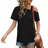 GOTOTOP Damen Schulterfrei Top Basic T-Shirt Kurzarm Locker Sommer Oberteile Casual Tunika Blusen(L-Schwarz)