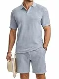 JMIERR Herren Jogginganzug Set Sommer 2 Teiliges Poloshirts Kurzarm Einfarbig Strick mit Kurze Hose Herren mit Elastischer Taille Baggy Freizeitanzug Blau XL