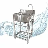 Lemodo Spültisch freistehend – Edelstahl Spültisch mit Wasserhahn, Gartenschlauch-Anschluss, mobiler Spültisch für Outdoorküche, Gastro und Camping, freistehende Küchenspüle mit Ablage