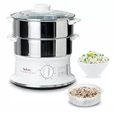 Tefal Dampfgarer elektrisch, 2 Edelstahlbehälter, 6L Fassungsvermögen, Dampfkocher mit 24cm Durchmesser, Timer und automatische Abschaltung, 900W, weiß, VC1451