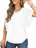 QIXING Chiffon Kurzarm Bluse Damen Sommor Top Damen Elegant Rundhals-Ausschnitt Batwing Sleeve T Shirt Fledermausärmel Tunika (Weiß, L)