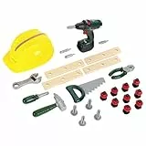 Theo Klein 8417 Bosch Handwerker-Set, 37-teilig I Kinder-Akkuschrauber mit Licht & Sound I Werkzeug und Werkbank- Zubehör wie Hammer, Säge, Bauarbeiter-Helm u.v.m. I Spielzeug für Kinder ab 3 Jahren