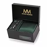 Massi Morino Krawatte Dunkelgrün mit Einstecktuch Set Herren inkl. Manschettenknöpfe, Krawattennadel und Geschenkbox | Männer Krawattenset zur Hochzeit