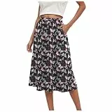 Generisch Rock Damen Lang Leinen Röcke Elegant Maxirock Luftiger Knielang Sommerrock Elastische Taille Freizeitrock Einfarbig Casual Damenrock Strandrock Frauen