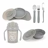 Twistshake Babygeschirr-Set - 4 Teilig | 1 x Baby-Tischset - 1 Babyteller - 1 Babyschale - 3 Edelstahlbesteck - 1 Trinkbecher | 6M + Baby-Ernährungsset | Geschirr für die Entwöhnung | Grau
