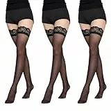 Risipu 3 Paar Halterlose Strümpfe für Damen 15DEN Sexy Spitze Hohe Strümpfe mit Rutschfestem Silicone