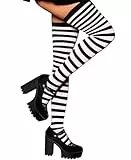 RSLOVE Damen Halterlose Strümpfe Gestreifte - Overknee Strumpfhose Thigh Highs Halloween Socken Schwarz Weiß