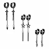 Aroncent Creolen Ohrringe Anhänger Set: 3 Paar Edelstahl Damen Herren Creolen Ohrstecker mit Kreuz Stern Schlüssel und Kette Ohrhänger Huggie Ohr Piercing Schwarz