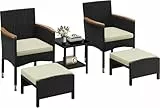 Yaheetech 5er Set Rattan Gartenmöbel Balkonmöbel Terassenmöbel Außen Kleiner Balkon mit 2 Einzelsofas & 2 Fußhocker & 1 Kaffeetisch, Schwarz & Beige