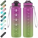 EYQ 1L Trinkflasche, Wasserflasche mit Strohhalm, Tritan BPA Free Auslaufsicher Sport Flasche, Sportflasche mit Zeitmarkierung für Schule Fitness Gym Sport