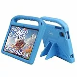Verbessert Tablet Kinder, 10 Zoll Android 14 Tablet für Kinder mit Hülle, 8 (4+4) GB RAM 128 GB ROM, Bluetooth WiFi 6, Kindersicherung, HD-Bildschirm, lange Akkulaufzeit 6000 mAh, Dual-Kamera(Blau)