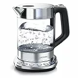Arendo - Glas Wasserkocher mit Temperatureinstellung - Warmhaltefunktion 30min - 1,5 Liter Füllmenge - Borosilikatglas - Basisstation aus Edelstahl - Modernes Design