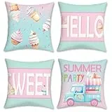 COZZSNUGE Sommer Speiseeis Kissenbezüge 45 x 45 cm, Eiswagen Pink Blau Blaugrün Dekorative Kissenhülle Zierkissenbezüge für Sofa Wohnzimmer Zuhause 4er Set