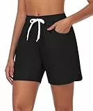 LYRIKER 6' Badeshorts Damen, High Waist Wasserabweisend Badehose, Quick Dry Schwimmhose mit Taschen Bikini Shorts Schwarz L