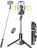 Selfie Stick Stativ mit 2 Fülllicht, Verbessertem Stabil Handy Stative mit Abnehmbarer Fernbedienung, 114cm Stativ für Smartphone Kompatibel mit iPhone Samsung & Android Smartphones