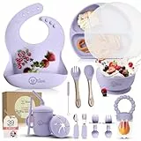 O'doe 17-teilig Baby LED-Entwöhnungszubehör für Kleinkinder, Babyfütterungsset | Saugnapf-Silikon-Babyschale, selbstverzehrende Utensilien mit Löffeln, Tassen, Lätzchen, Essteller-Set mit | Lila, V2