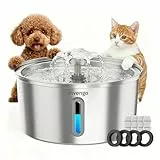 Invengo Katzenbrunnen Edelstahl, 3.2L Trinkbrunnen für Katze mit Blumenfontäne, LED-Anzeige, Wasserstandsanzeige und 5-Fach Filtersystem - Leiser Haustierbrunnen für Katzen und Kleine Hunde