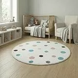 Jimri Kinderteppich DOTS l Pünktchen Gepunktet l Öko-Tex Siegel | Farbe: Beige Blau Rosa | Kinderzimmer/Jugendzimmer (Weiß, Ø 150 cm Rund)