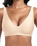 Jiuday Tiefer V Push Up BH ohne Bügel for Damen Bequemer BH für Große Brüste Starker Halt Seamless Soft Bra Bügelloser Gepolstert Nahtloser Glatter Bralette (Beige,M)