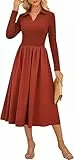 Kate Kasin Damen ausgestelltes A-Linien-Kleid mit Langen Ärmeln Reverskragen Midilänge legere Kleidung in Rostrot M