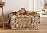 Dekoleidenschaft großer Aufbewahrungskorb aus Weide im Shabby Look, Feuerholzkorb, Brennholzkorb (mit Stoffpatch)