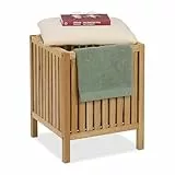 Relaxdays Wäschekorb mit Sitz, Badhocker mit Stauraum, 30 l Wäschesammler, HBT: 51 x 38 x 38 cm, Holz/Stoff, Natur/weiß