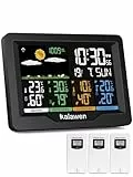 Kalawen Wetterstation mit 3 Außensensoren Innen und Außen Multifunktionale Funkwetterstation Farbdisplay Digital mit Thermometer Hygrometer DCF-Funkuhr Weather Station für Zuhause Büro Hausgarten