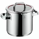 WMF Function 4 Gemüse- Suppentopf Induktion 20cm, Glasdeckel, Kochtopf groß 5,3l, Cromargan Edelstahl poliert, 4 Abgießfunktionen, großer Topf mit Innenskalierung, rot