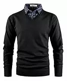 KTWOLEN Herren Pullover mit Hemdkragen 2 in 1 Winter Warm Strickpullover mit V-Ausschnitt Freizeit Mock Hemd Feinstrick Pullover Winterpullover Strick-Pulli Langarmshirt, Schwarz, L