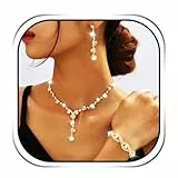 Handcess Brautschmuck-Set: goldfarbene Strass-Halskette und Ohrringe, glitzernde Braut-Halskette, Schmuck für Frauen, Einheitsgröße, Strassstein